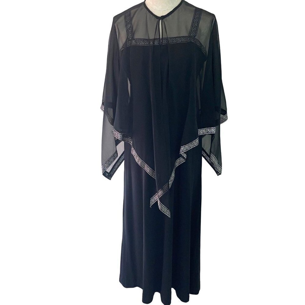 Vintage Womens Maxi Dress Cape Set Black Size Medium 70s Empire Waist Greek Trim